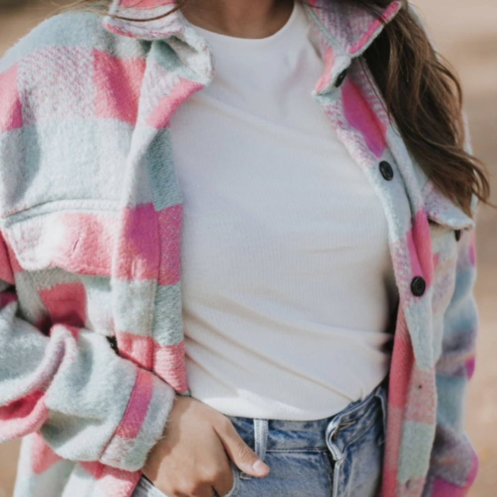 60 Oversized Soft Heavyweight Green Pink Plaid Cozy Brushed Shacket Pockets - Picture 3 of 9
